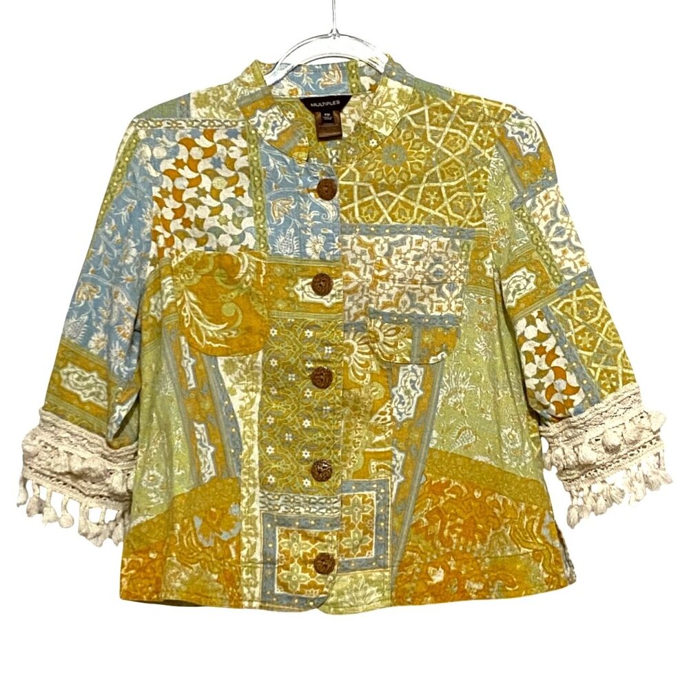 Multiples Womens Jacket PM Boho Hippie Tassels Patchwork Print Floral Geometric